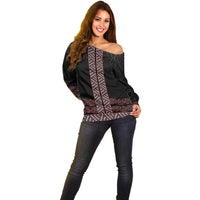 Maori Taniko Patterns Off Shoulder Sweater Brown Niho Taniwha Mix Paatiki Motifs