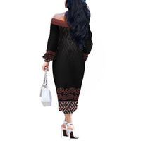 Maori Taniko Patterns Off The Shoulder Long Sleeve Dress Brown Niho Taniwha Mix Paatiki Motifs