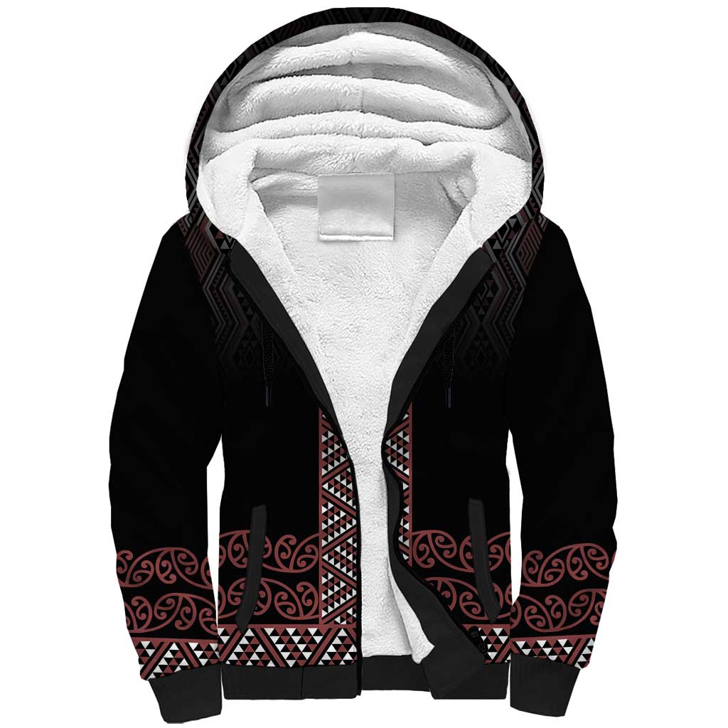 Maori Taniko Patterns Sherpa Hoodie Brown Niho Taniwha Mix Paatiki Motifs