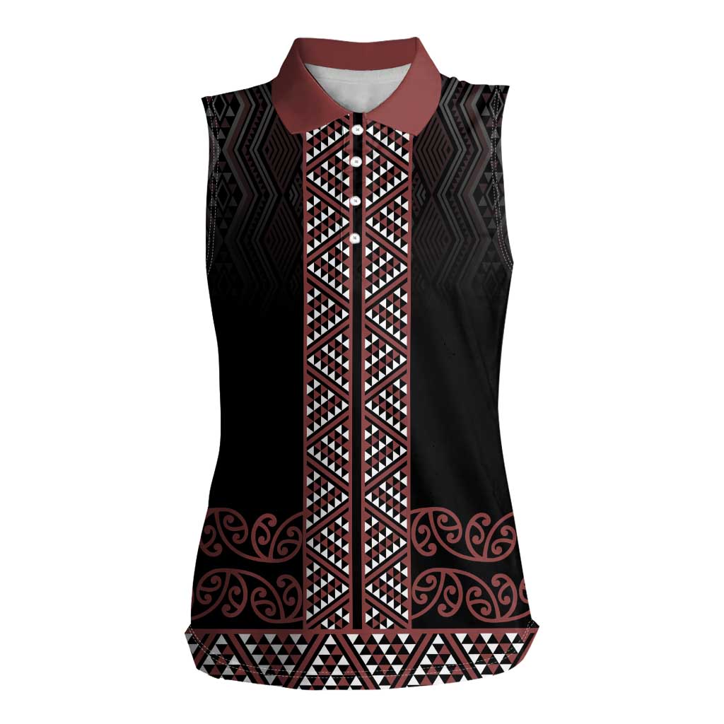 Maori Taniko Patterns Women Sleeveless Polo Shirt Brown Niho Taniwha Mix Paatiki Motifs LT7 Female Brown - Polynesian Pride