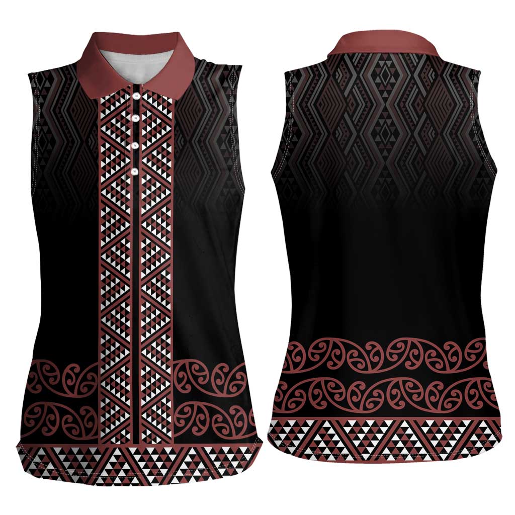 Maori Taniko Patterns Women Sleeveless Polo Shirt Brown Niho Taniwha Mix Paatiki Motifs LT7 - Polynesian Pride