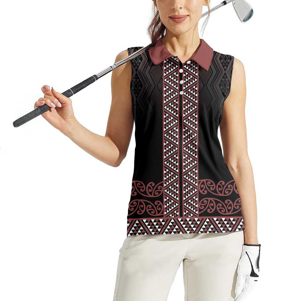 Maori Taniko Patterns Women Sleeveless Polo Shirt Brown Niho Taniwha Mix Paatiki Motifs LT7 - Polynesian Pride