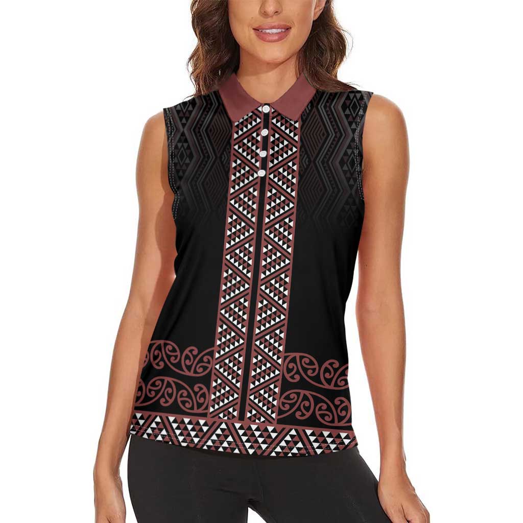 Maori Taniko Patterns Women Sleeveless Polo Shirt Brown Niho Taniwha Mix Paatiki Motifs LT7 - Polynesian Pride