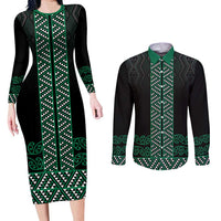 Maori Taniko Patterns Couples Matching Long Sleeve Bodycon Dress and Long Sleeve Button Shirt Pounamu Niho Taniwha Mix Paatiki Motifs LT7 Green - Polynesian Pride
