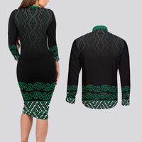Maori Taniko Patterns Couples Matching Long Sleeve Bodycon Dress and Long Sleeve Button Shirt Pounamu Niho Taniwha Mix Paatiki Motifs LT7 - Polynesian Pride