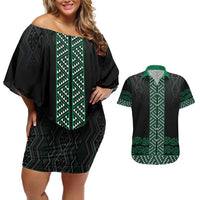 Maori Taniko Patterns Couples Matching Off Shoulder Short Dress and Hawaiian Shirt Pounamu Niho Taniwha Mix Paatiki Motifs LT7 Green - Polynesian Pride