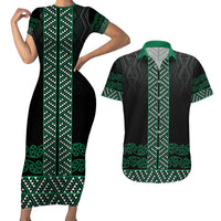 Maori Taniko Patterns Couples Matching Short Sleeve Bodycon Dress and Hawaiian Shirt Pounamu Niho Taniwha Mix Paatiki Motifs LT7 Green - Polynesian Pride