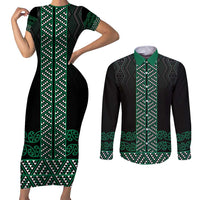 Maori Taniko Patterns Couples Matching Short Sleeve Bodycon Dress and Long Sleeve Button Shirt Pounamu Niho Taniwha Mix Paatiki Motifs LT7 Green - Polynesian Pride