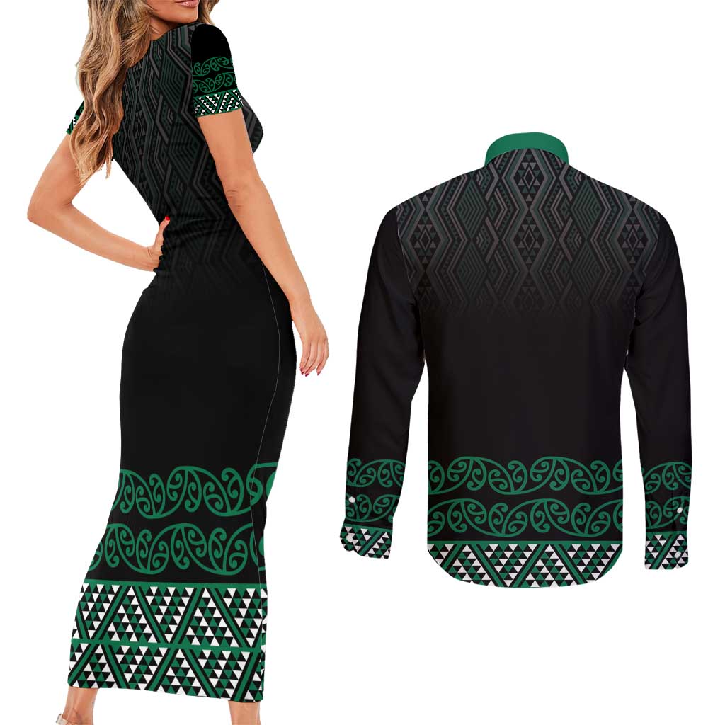 Maori Taniko Patterns Couples Matching Short Sleeve Bodycon Dress and Long Sleeve Button Shirt Pounamu Niho Taniwha Mix Paatiki Motifs LT7 - Polynesian Pride