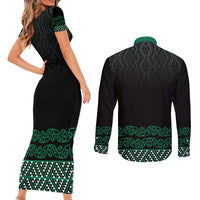Maori Taniko Patterns Couples Matching Short Sleeve Bodycon Dress and Long Sleeve Button Shirt Pounamu Niho Taniwha Mix Paatiki Motifs LT7 - Polynesian Pride