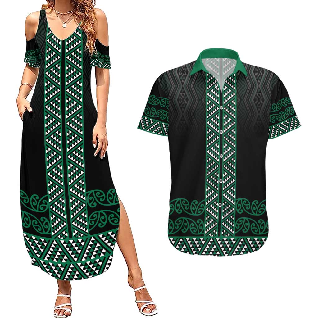 Maori Taniko Patterns Couples Matching Summer Maxi Dress and Hawaiian Shirt Pounamu Niho Taniwha Mix Paatiki Motifs LT7 Green - Polynesian Pride