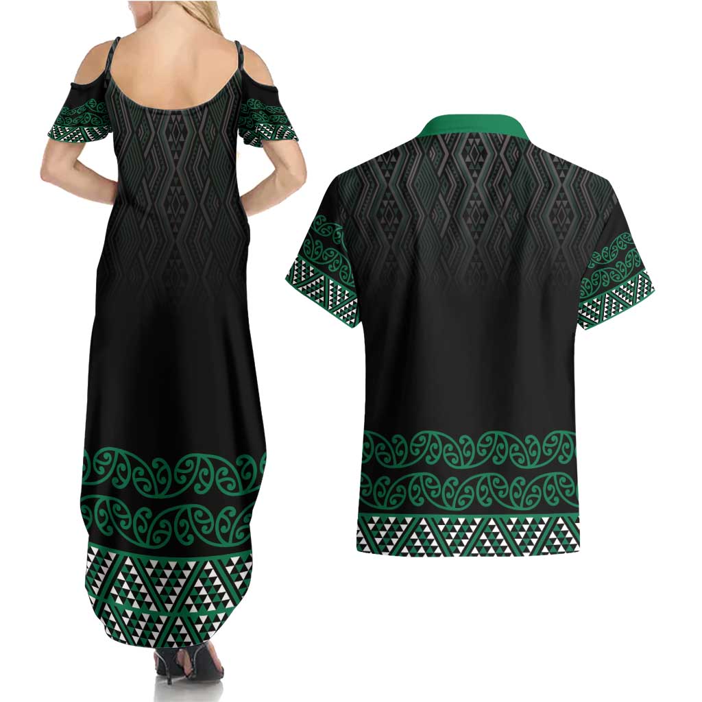 Maori Taniko Patterns Couples Matching Summer Maxi Dress and Hawaiian Shirt Pounamu Niho Taniwha Mix Paatiki Motifs LT7 - Polynesian Pride