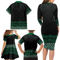Maori Taniko Patterns Family Matching Long Sleeve Bodycon Dress and Hawaiian Shirt Pounamu Niho Taniwha Mix Paatiki Motifs LT7 - Polynesian Pride