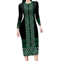 Maori Taniko Patterns Family Matching Long Sleeve Bodycon Dress and Hawaiian Shirt Pounamu Niho Taniwha Mix Paatiki Motifs LT7 Mom's Dress Green - Polynesian Pride