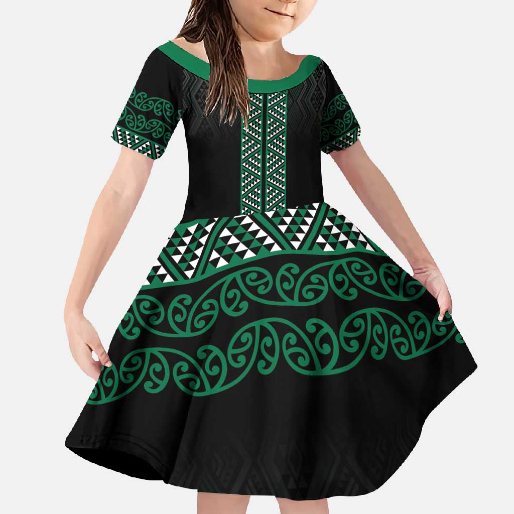 Maori Taniko Patterns Family Matching Mermaid Dress and Hawaiian Shirt Pounamu Niho Taniwha Mix Paatiki Motifs LT7 Daughter's Dress Green - Polynesian Pride