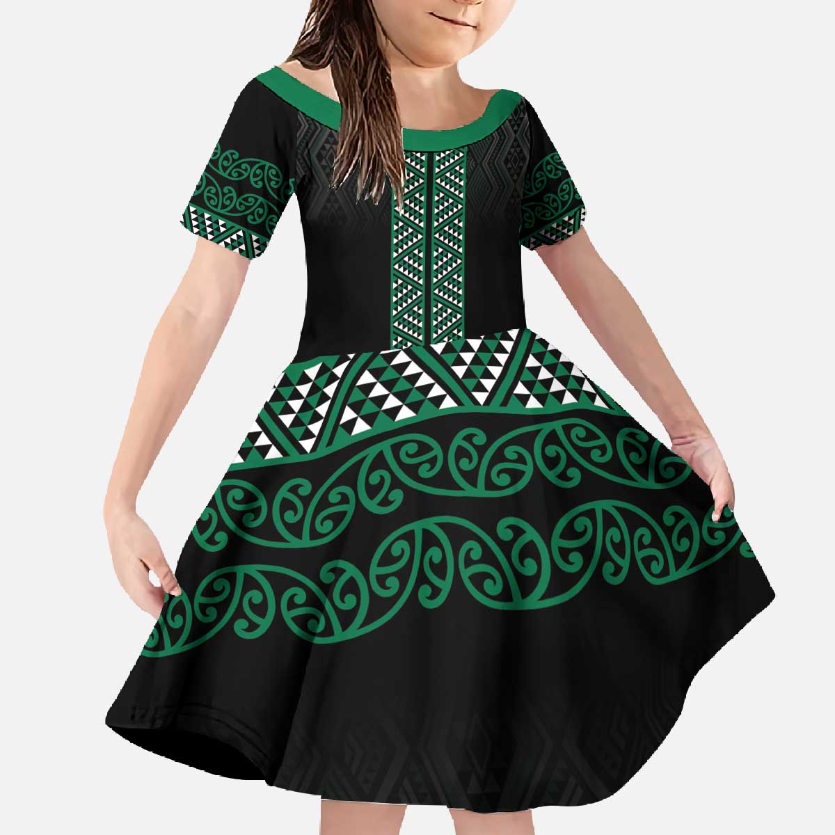 Maori Taniko Patterns Family Matching Off The Shoulder Long Sleeve Dress and Hawaiian Shirt Pounamu Niho Taniwha Mix Paatiki Motifs LT7 Daughter's Dress Green - Polynesian Pride