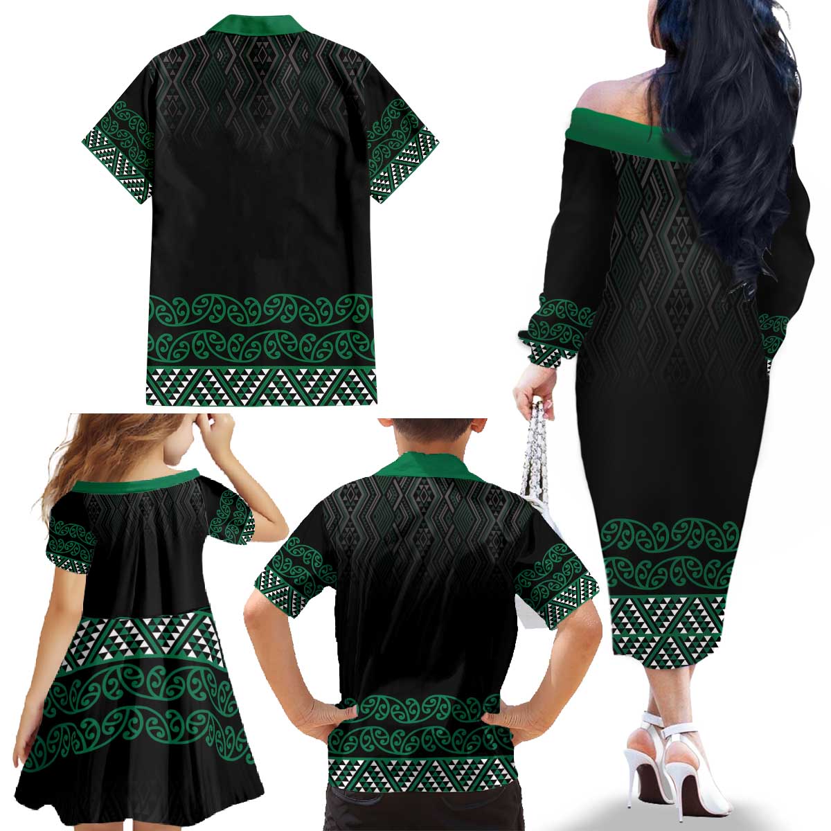 Maori Taniko Patterns Family Matching Off The Shoulder Long Sleeve Dress and Hawaiian Shirt Pounamu Niho Taniwha Mix Paatiki Motifs LT7 - Polynesian Pride