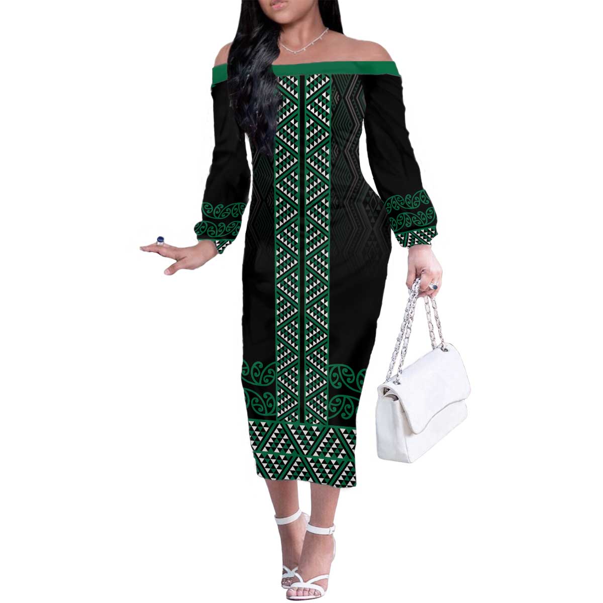 Maori Taniko Patterns Family Matching Off The Shoulder Long Sleeve Dress and Hawaiian Shirt Pounamu Niho Taniwha Mix Paatiki Motifs LT7 Mom's Dress Green - Polynesian Pride