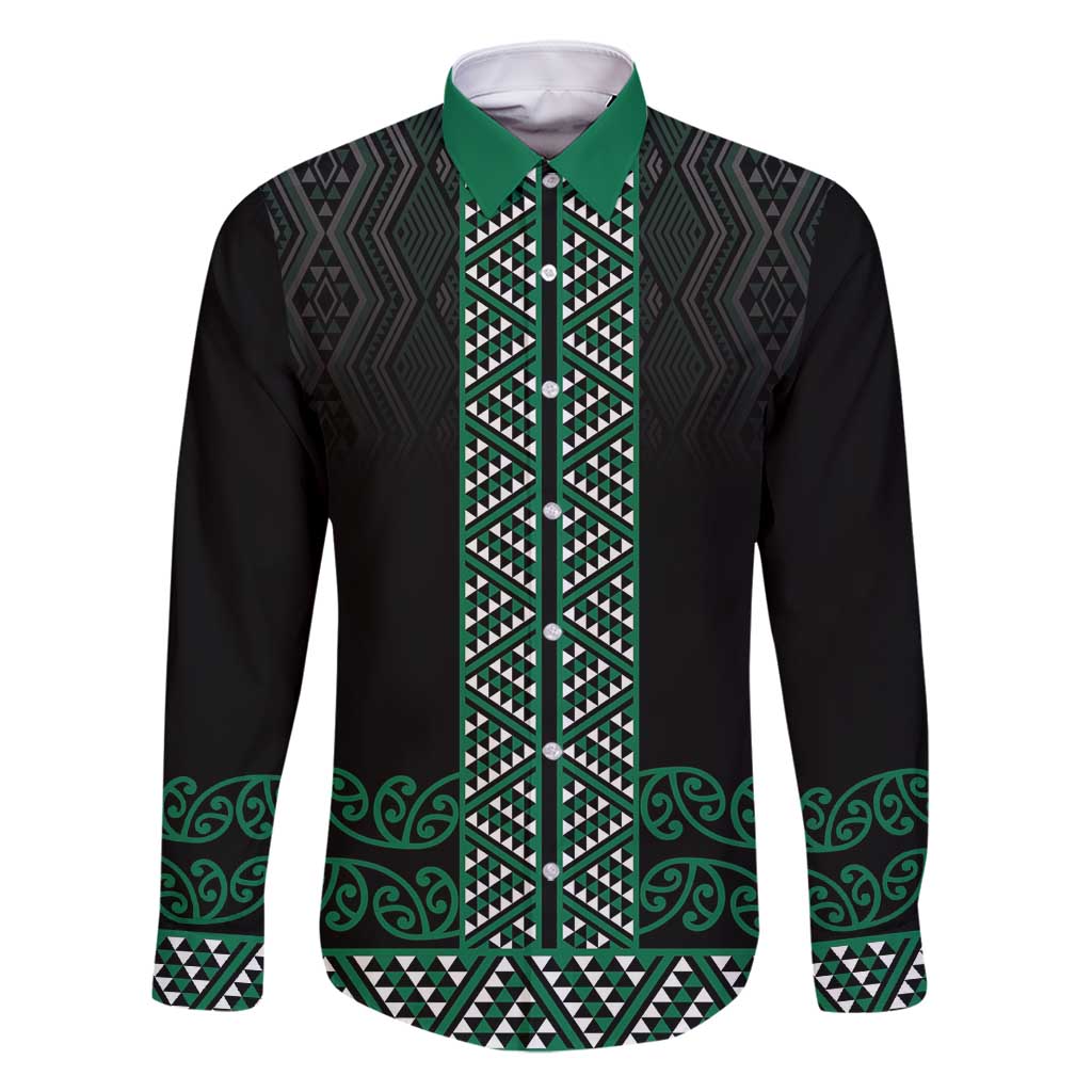 Maori Taniko Patterns Family Matching Off Shoulder Short Dress and Hawaiian Shirt Pounamu Niho Taniwha Mix Paatiki Motifs LT7 Dad's Shirt - Long Sleeve Green - Polynesian Pride