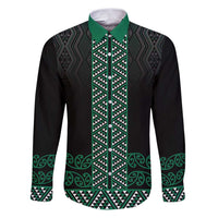 Maori Taniko Patterns Family Matching Puletasi and Hawaiian Shirt Pounamu Niho Taniwha Mix Paatiki Motifs LT7 Dad's Shirt - Long Sleeve Green - Polynesian Pride