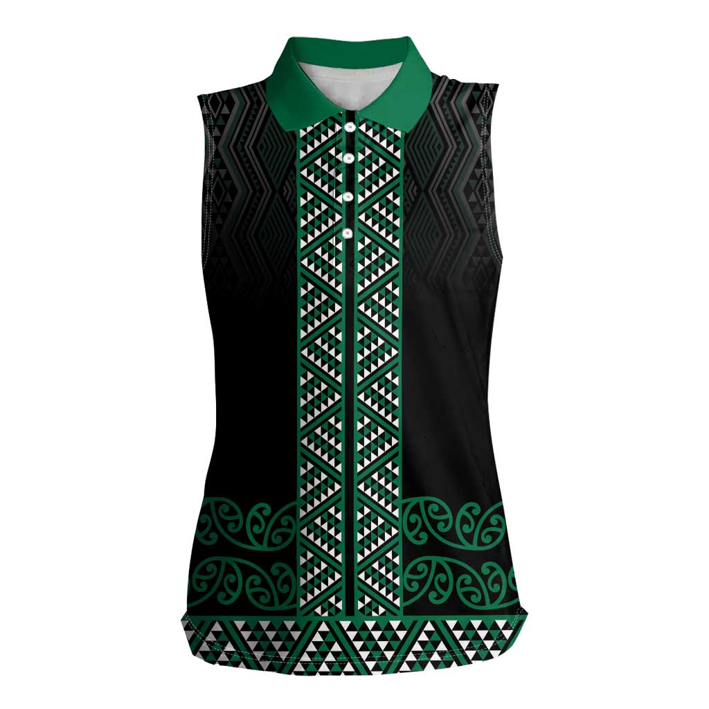 Maori Taniko Patterns Women Sleeveless Polo Shirt Pounamu Niho Taniwha Mix Paatiki Motifs LT7 Female Green - Polynesian Pride