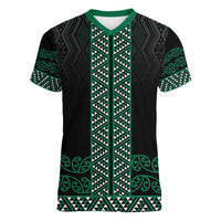 Maori Taniko Patterns Women V-Neck T-Shirt Pounamu Niho Taniwha Mix Paatiki Motifs LT7 Female Green - Polynesian Pride