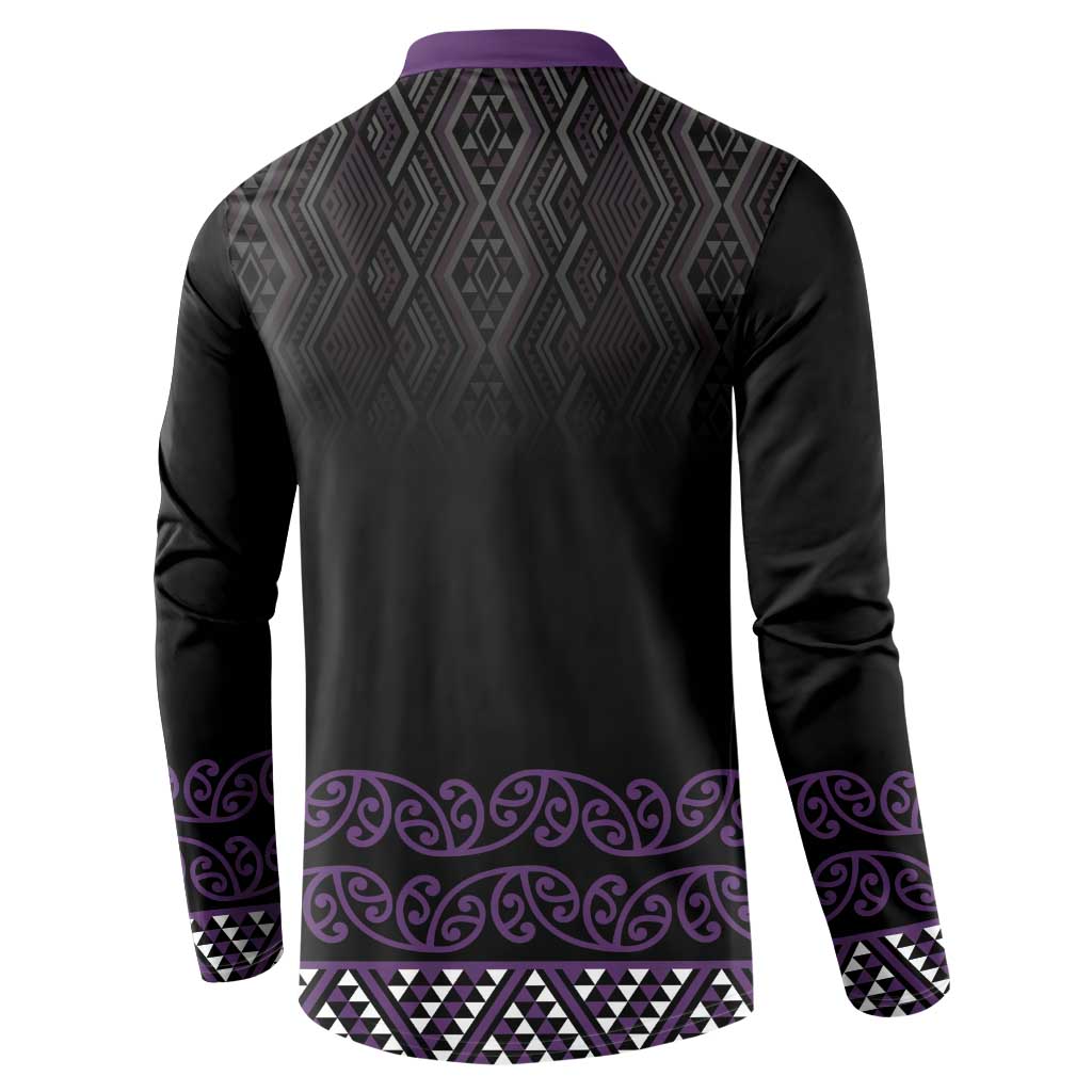 Maori Taniko Patterns Button Sweatshirt Purple Niho Taniwha Mix Paatiki Motifs
