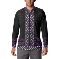 Maori Taniko Patterns Button Sweatshirt Purple Niho Taniwha Mix Paatiki Motifs