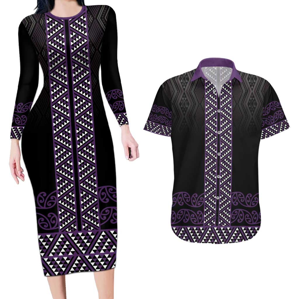 Maori Taniko Patterns Couples Matching Long Sleeve Bodycon Dress and Hawaiian Shirt Purple Niho Taniwha Mix Paatiki Motifs LT7 Purple - Polynesian Pride