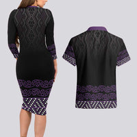 Maori Taniko Patterns Couples Matching Long Sleeve Bodycon Dress and Hawaiian Shirt Purple Niho Taniwha Mix Paatiki Motifs LT7 - Polynesian Pride