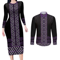 Maori Taniko Patterns Couples Matching Long Sleeve Bodycon Dress and Long Sleeve Button Shirt Purple Niho Taniwha Mix Paatiki Motifs LT7 Purple - Polynesian Pride