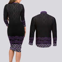Maori Taniko Patterns Couples Matching Long Sleeve Bodycon Dress and Long Sleeve Button Shirt Purple Niho Taniwha Mix Paatiki Motifs LT7 - Polynesian Pride