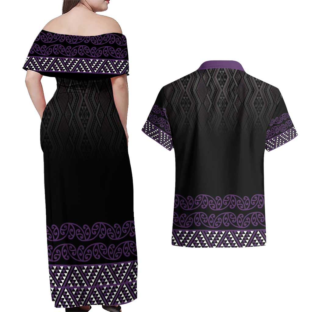 Maori Taniko Patterns Couples Matching Off Shoulder Maxi Dress and Hawaiian Shirt Purple Niho Taniwha Mix Paatiki Motifs LT7 - Polynesian Pride
