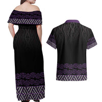 Maori Taniko Patterns Couples Matching Off Shoulder Maxi Dress and Hawaiian Shirt Purple Niho Taniwha Mix Paatiki Motifs LT7 - Polynesian Pride