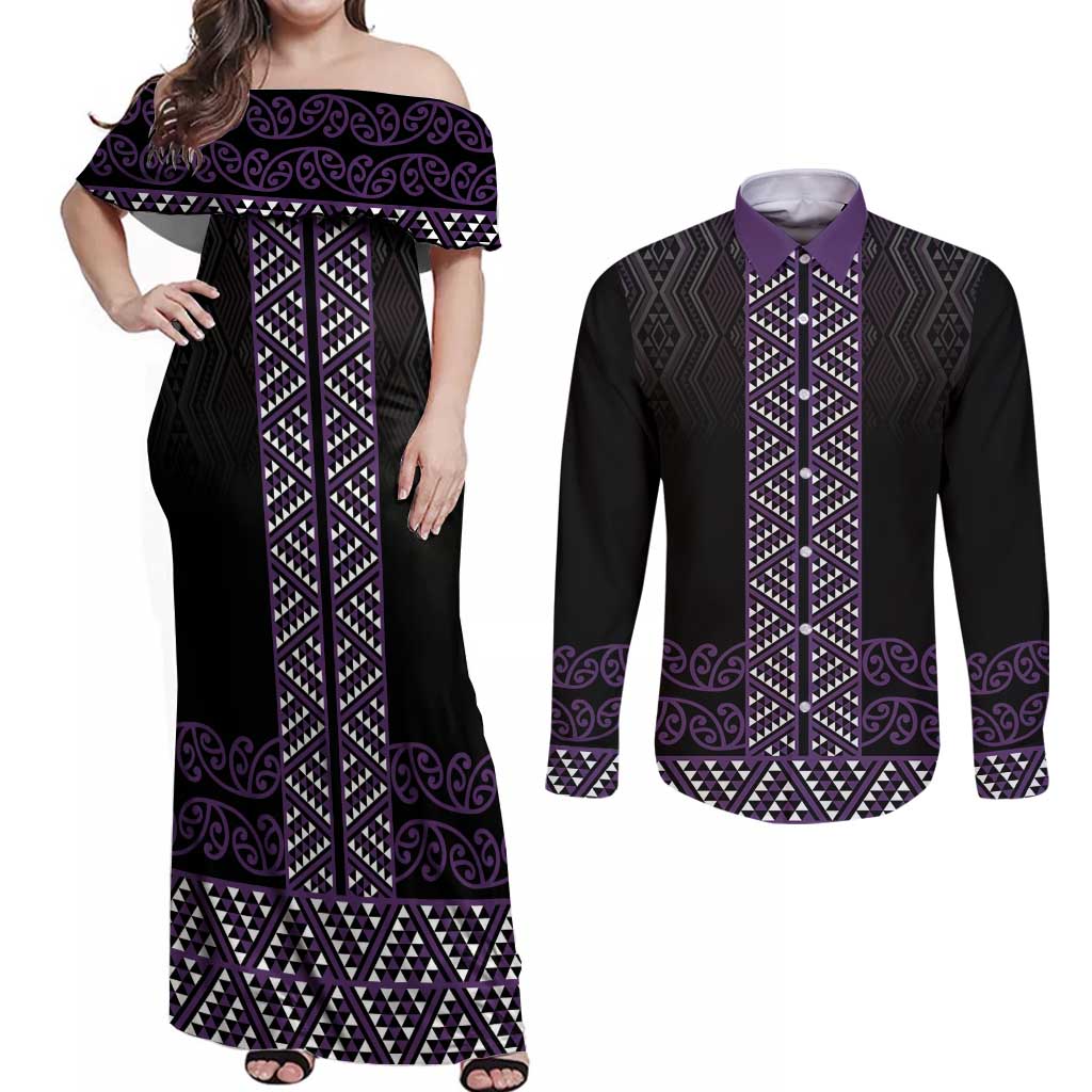 Maori Taniko Patterns Couples Matching Off Shoulder Maxi Dress and Long Sleeve Button Shirt Purple Niho Taniwha Mix Paatiki Motifs LT7 Purple - Polynesian Pride