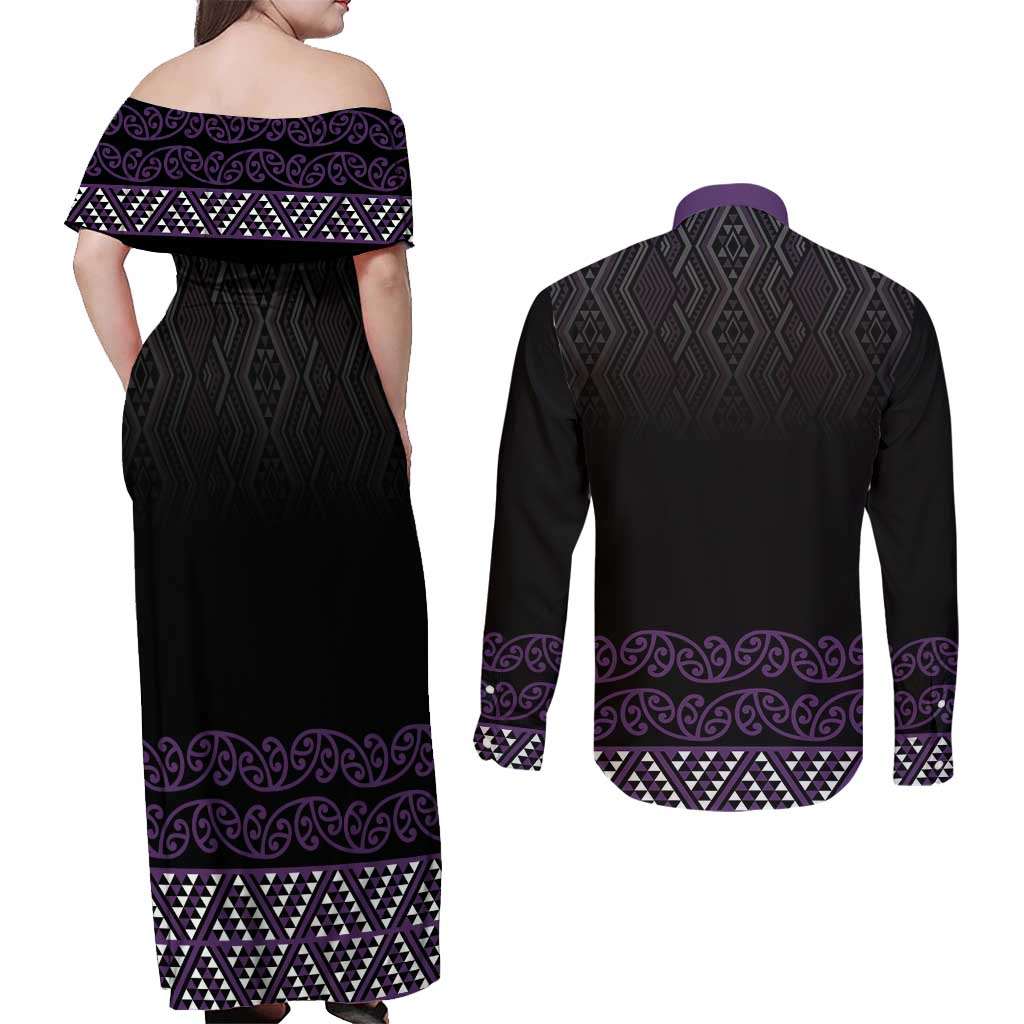 Maori Taniko Patterns Couples Matching Off Shoulder Maxi Dress and Long Sleeve Button Shirt Purple Niho Taniwha Mix Paatiki Motifs LT7 - Polynesian Pride