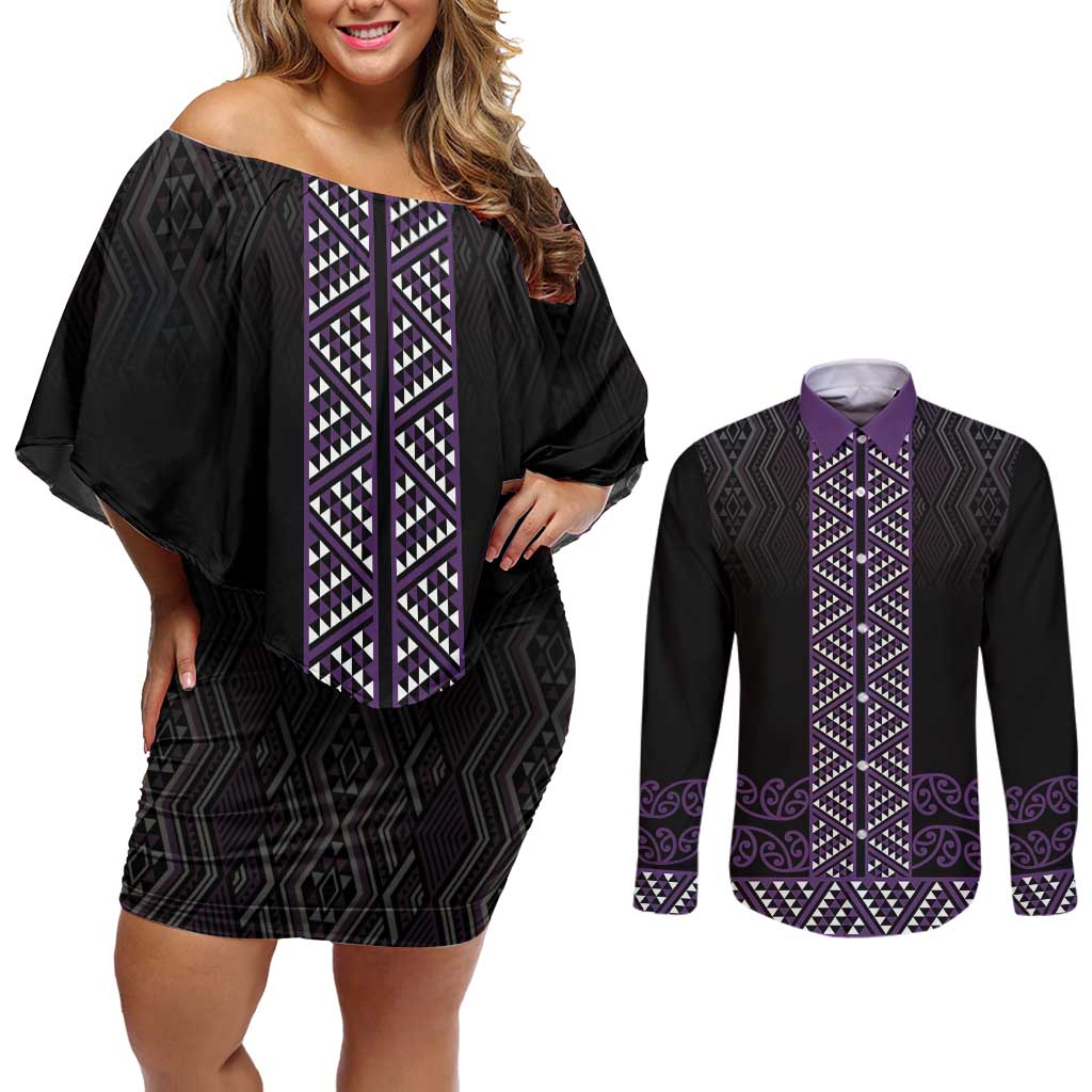 Maori Taniko Patterns Couples Matching Off Shoulder Short Dress and Long Sleeve Button Shirt Purple Niho Taniwha Mix Paatiki Motifs LT7 Purple - Polynesian Pride