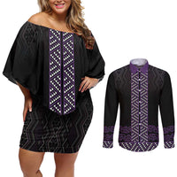 Maori Taniko Patterns Couples Matching Off Shoulder Short Dress and Long Sleeve Button Shirt Purple Niho Taniwha Mix Paatiki Motifs LT7 Purple - Polynesian Pride