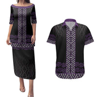 Maori Taniko Patterns Couples Matching Puletasi and Hawaiian Shirt Purple Niho Taniwha Mix Paatiki Motifs LT7 Purple - Polynesian Pride