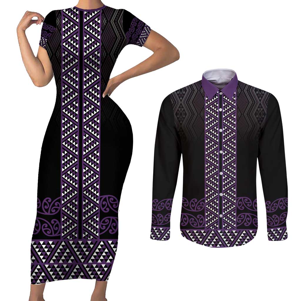 Maori Taniko Patterns Couples Matching Short Sleeve Bodycon Dress and Long Sleeve Button Shirt Purple Niho Taniwha Mix Paatiki Motifs LT7 Purple - Polynesian Pride