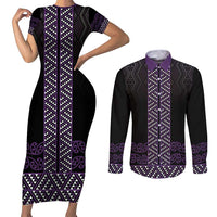 Maori Taniko Patterns Couples Matching Short Sleeve Bodycon Dress and Long Sleeve Button Shirt Purple Niho Taniwha Mix Paatiki Motifs LT7 Purple - Polynesian Pride