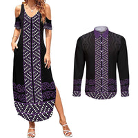 Maori Taniko Patterns Couples Matching Summer Maxi Dress and Long Sleeve Button Shirt Purple Niho Taniwha Mix Paatiki Motifs LT7 Purple - Polynesian Pride