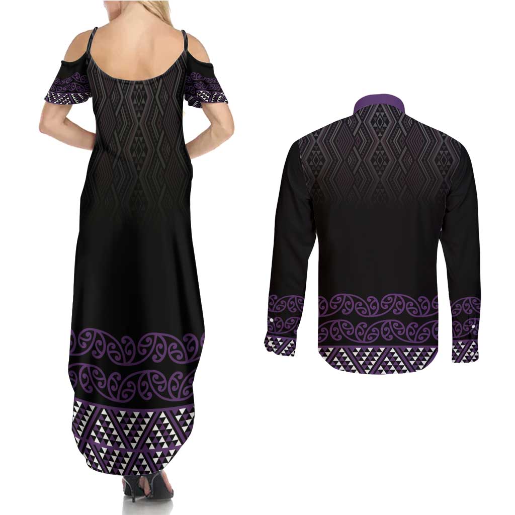 Maori Taniko Patterns Couples Matching Summer Maxi Dress and Long Sleeve Button Shirt Purple Niho Taniwha Mix Paatiki Motifs LT7 - Polynesian Pride