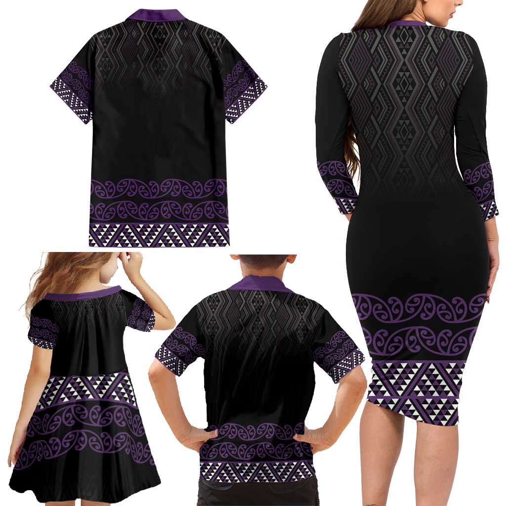 Maori Taniko Patterns Family Matching Long Sleeve Bodycon Dress and Hawaiian Shirt Purple Niho Taniwha Mix Paatiki Motifs LT7 - Polynesian Pride