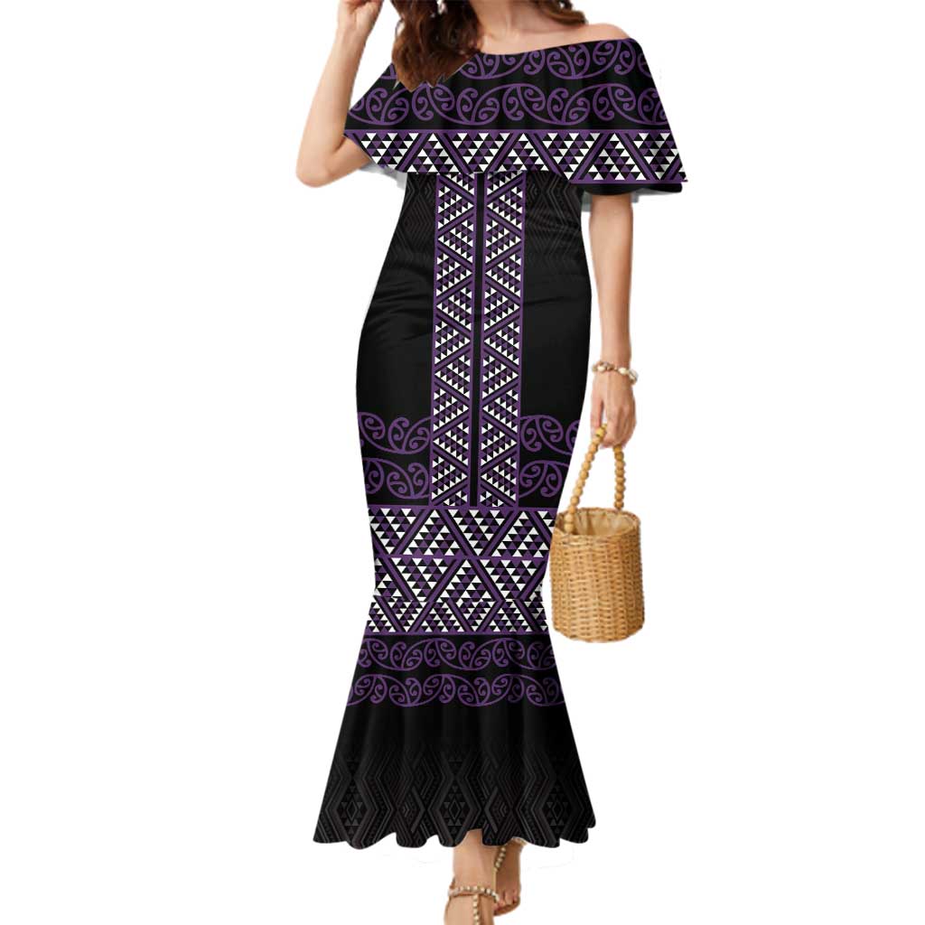Maori Taniko Patterns Family Matching Mermaid Dress and Hawaiian Shirt Purple Niho Taniwha Mix Paatiki Motifs LT7 Mom's Dress Purple - Polynesian Pride