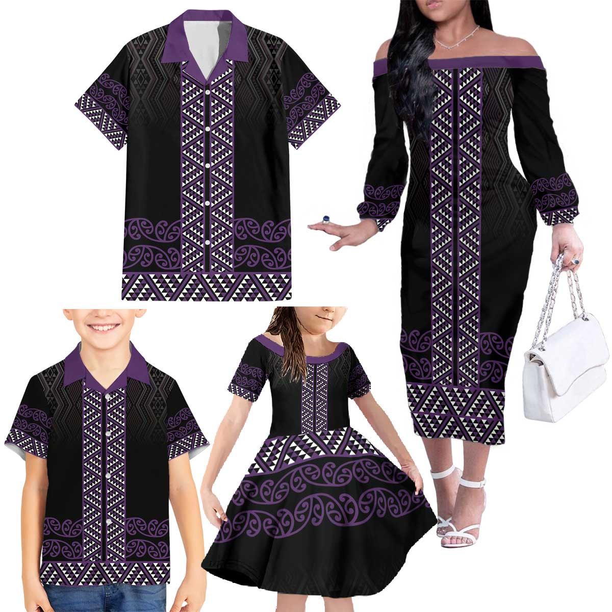 Maori Taniko Patterns Family Matching Off The Shoulder Long Sleeve Dress and Hawaiian Shirt Purple Niho Taniwha Mix Paatiki Motifs LT7 - Polynesian Pride
