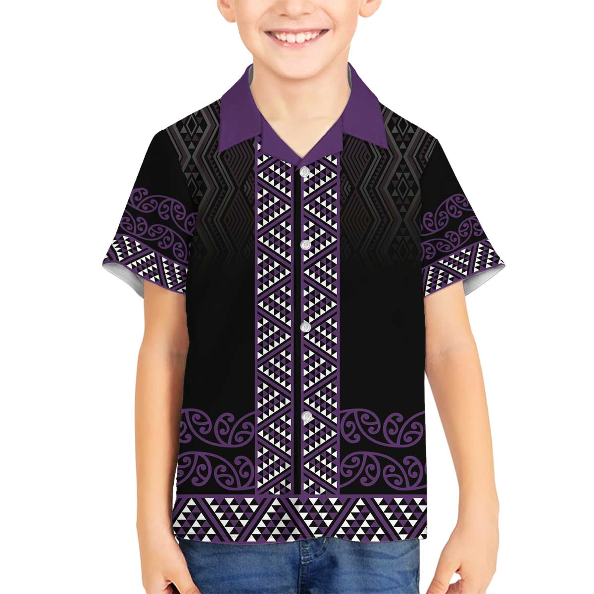 Maori Taniko Patterns Family Matching Off The Shoulder Long Sleeve Dress and Hawaiian Shirt Purple Niho Taniwha Mix Paatiki Motifs LT7 Son's Shirt Purple - Polynesian Pride