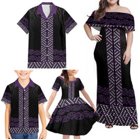 Maori Taniko Patterns Family Matching Off Shoulder Maxi Dress and Hawaiian Shirt Purple Niho Taniwha Mix Paatiki Motifs LT7 - Polynesian Pride