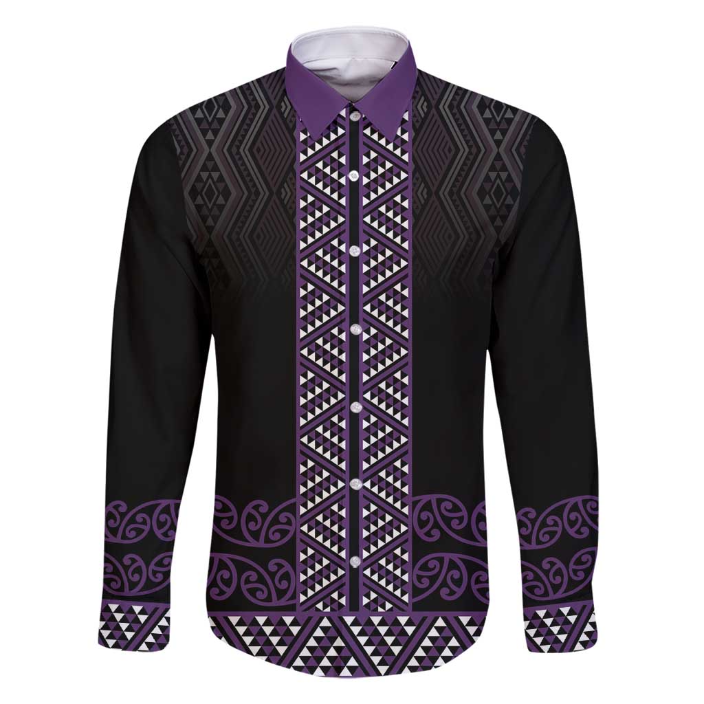 Maori Taniko Patterns Family Matching Off Shoulder Maxi Dress and Hawaiian Shirt Purple Niho Taniwha Mix Paatiki Motifs LT7 Dad's Shirt - Long Sleeve Purple - Polynesian Pride