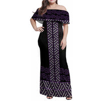 Maori Taniko Patterns Family Matching Off Shoulder Maxi Dress and Hawaiian Shirt Purple Niho Taniwha Mix Paatiki Motifs LT7 Mom's Dress Purple - Polynesian Pride